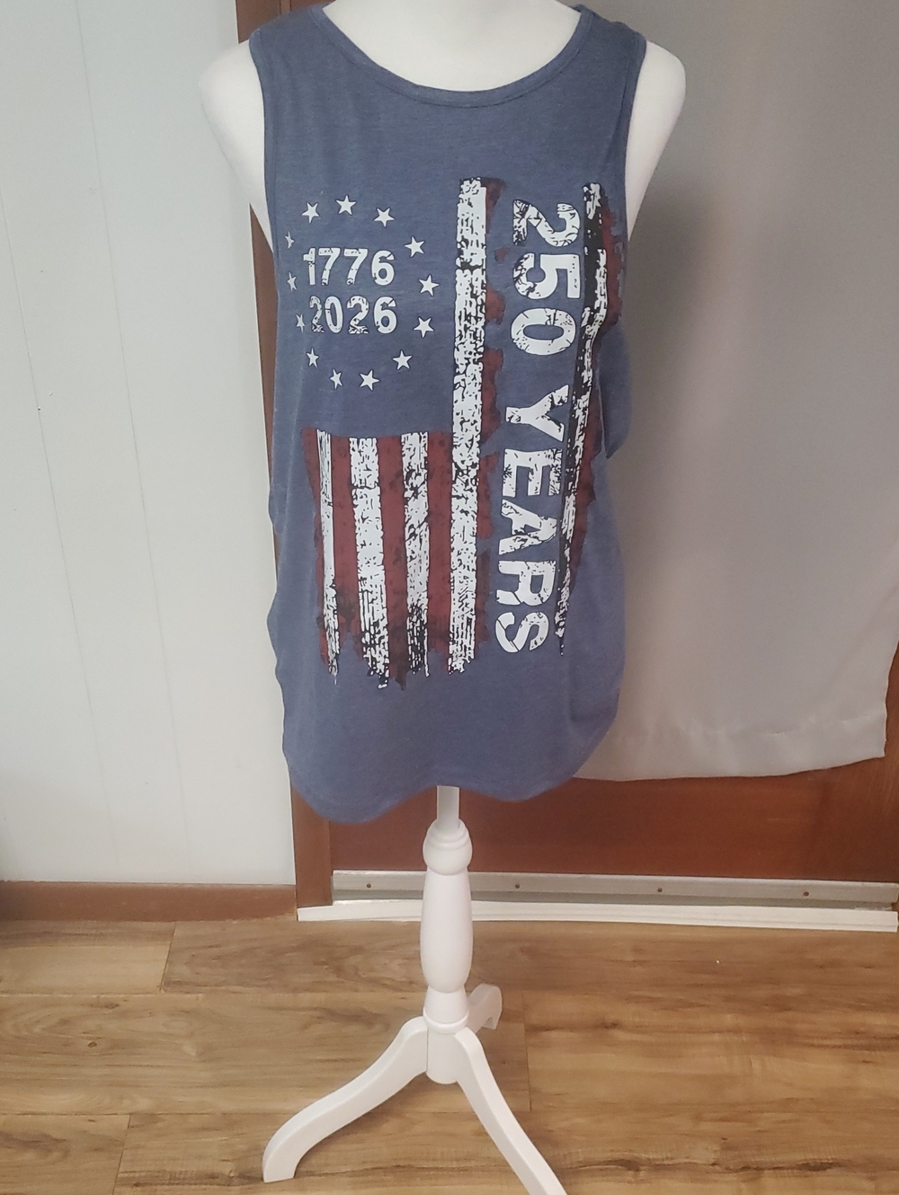 Women's Heathered  Blue Graphic Tank Top with 250 Years Flag Print